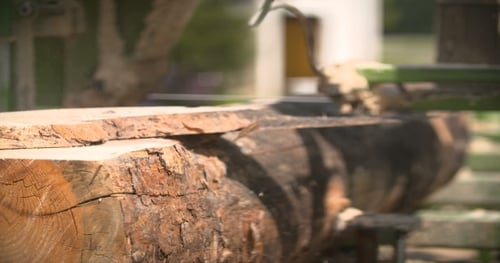 Sägewerksmaschine, die einen Ast in einen Holzbalken schneidet