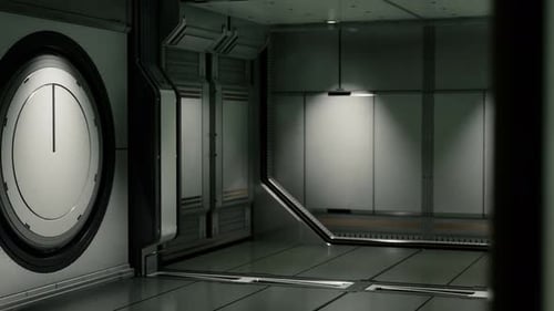 Automated Sci-Fi Door Opening and Closing in Futuristic Space Corridor