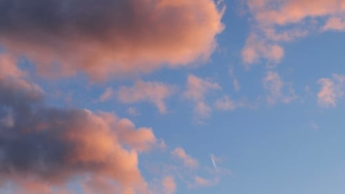 Clip Of Pink Fluffy Clouds Over Blue Sky. Beautiful Cloudscape On Sunset. Airplane Flies Through
