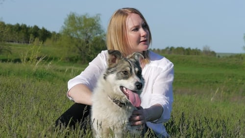 Pretty Girl Plays With a Dog On The Grass By The Lake