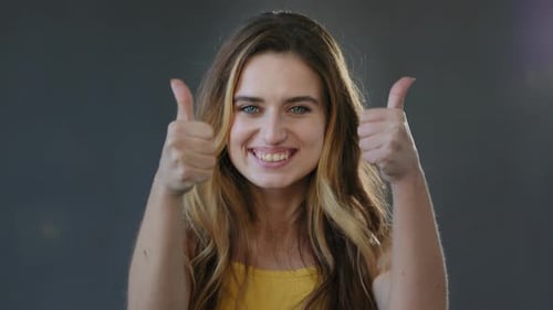 Female Studio Portrait on Gray Background Smiling Beautiful Contented Happy Lady Girl Model Woman