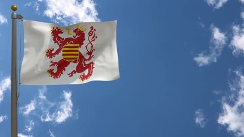 Waving White Flag with Red Heraldic Lion and Striped Shield Against Blue Sky
