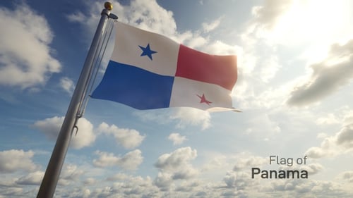 Panama Flag Waving in Blue Sky with Clouds