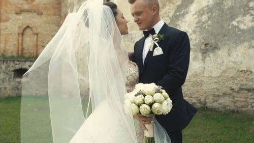 Elegant Wedding Couple Embracing Before Historic Building