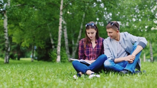 Amigos - Los estudiantes leen un libro en el parque