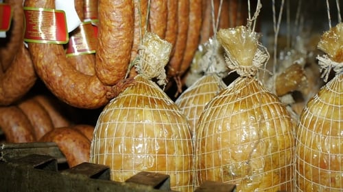 Ready-made Sausages Hanging In The Store Freezer Waiting For The Plant To Be Distributed. Sausage