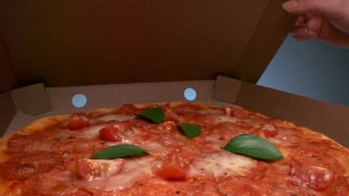 Appetizing Pizza in a Box With Tomatoes and Basil