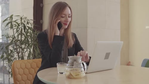 Adult Woman Is Talking By Mobile Phone and Typing on Notebook in Her Office