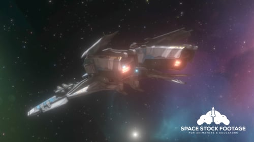 Futuristic Spaceship Flying Through Colorful Nebula in Deep Space