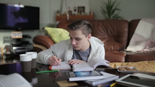 Young Man Studying and Writing at Home
