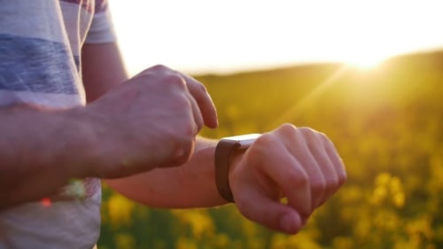 Man Using Smartwatch On Sunset In Field Of Flowers