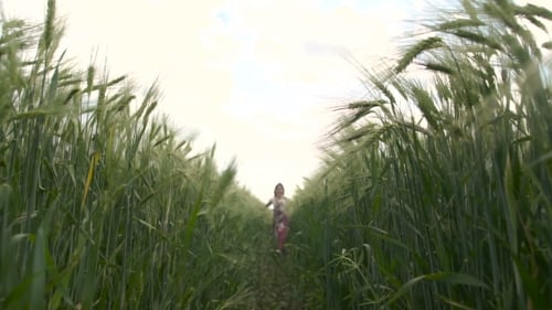 Little Girl Running Across Wheat Field