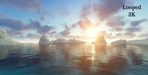 Arctic Icebergs and Ocean with Scenic Sunset Sky