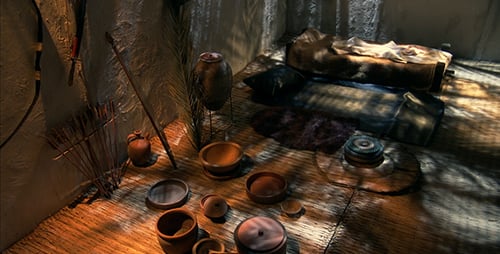 Ancient Dwelling with Pottery and Bedding Still Shot