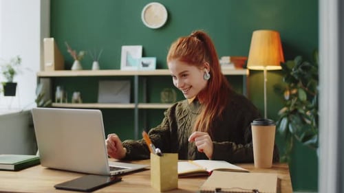 Young Businesswoman Web Calling on Laptop in Office