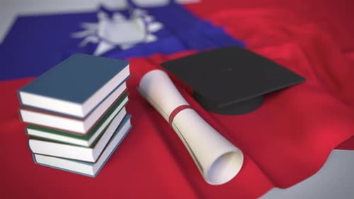 Graduation Cap, Books, Diploma on Waving Taiwan Flag Animation
