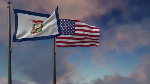 Waving West Virginia and USA Flags with Realistic Sky
