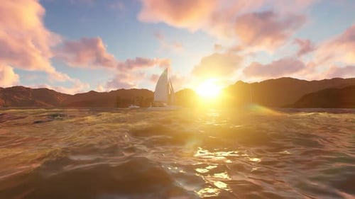 Golden Sunset Over Ocean with Sailing Boats Animation