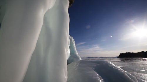 Sunset On Freeze Ice Of The Baikal Lake.