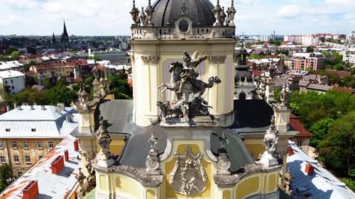 Aerial drone view of a flying over the Catholic Cathedral