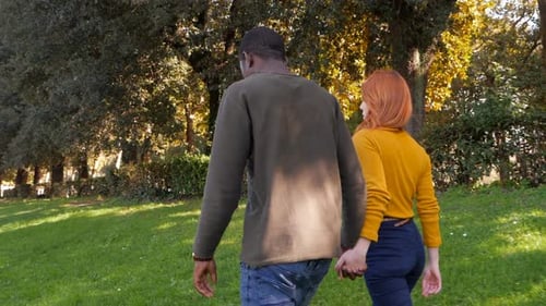 Happy relaxed interracial young couple walking,talking in the park-slow motion