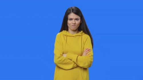 Angry Woman Gesturing on Blue Chroma Key Background
