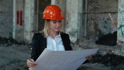 Architect Builder Engineer Builder Of Ruined Building Looking Girl Work Plan For The Construction