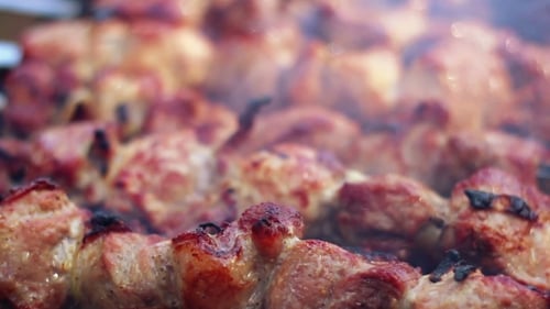 Barbecue Meat Grilling On Charcoal. Tasty Grilled Meat. . Pork Meat