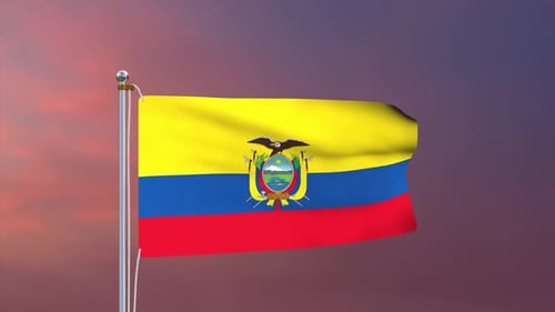 Ecuador National Flag Waving on Flagpole Against Sunset Sky