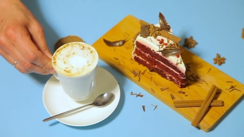 Coffee and Red Velvet Cake, Overhead Food Shot