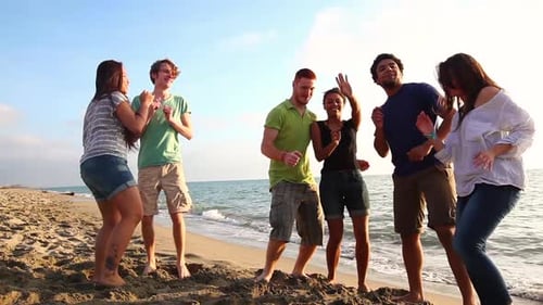 Groupe d'amis multiracial faisant une fête à la plage