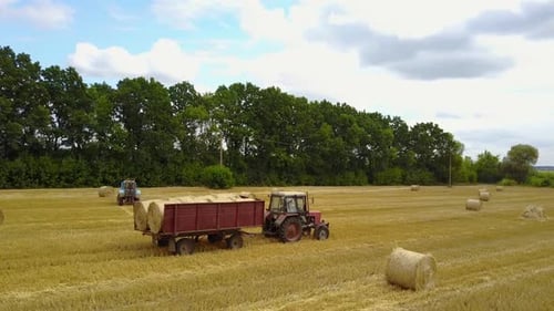 Tractor Harvesting Hay Bales in Golden Field