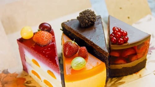 Assorted Cake Slices with Colorful Fruit Toppings