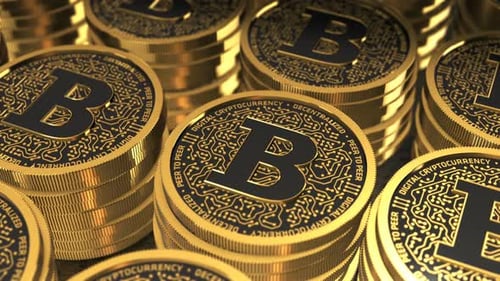 Golden Cryptocurrency Coins Looping Digital Blockchain Background