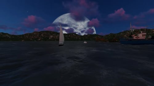 Moonlit Night Ocean Scene with Moving Boats