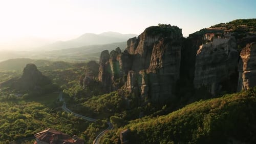 Mountain Monastery n Meteora at Sunset Aerial View