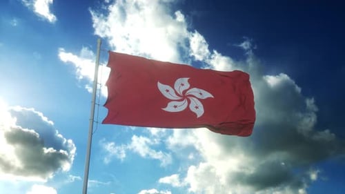 Hong Kong Flag Waving in Slow Motion Against Cloudy Sky