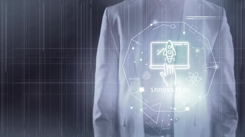 Futuristic Holographic Interface with Laptop and Innovation Icons