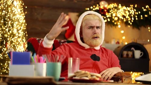 Stressed Man in Santa Suit with Christmas Lights