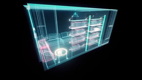 Futuristic Wireframe Room Scan with Glowing Elements Animation