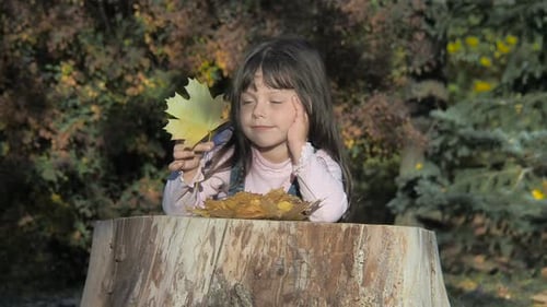 Girl Gazing at a Leaf on Autumn Day