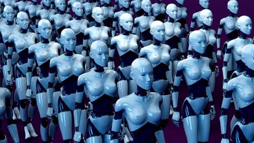 Futuristic Humanoid Robots Marching in Synchronized Formation