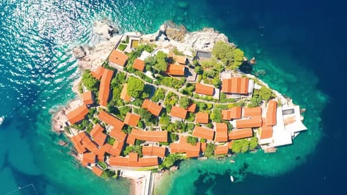 Aerial Top View the Sveti Stefan Island with Roofs Houses in the Adriatic Sea