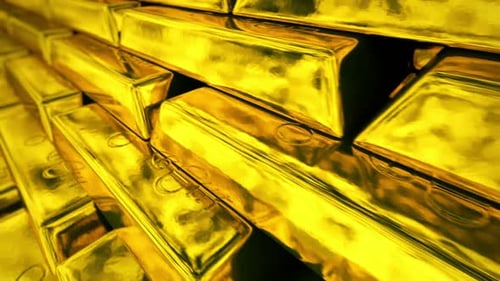 Infinite stack of fortune-worth golden ingots. Side view. Loopable animation. HD
