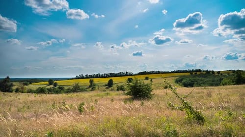 Landscape Fields and Moving Clouds in Blue Sky. Timelapse. Amazing Rural Valley. Ukraine