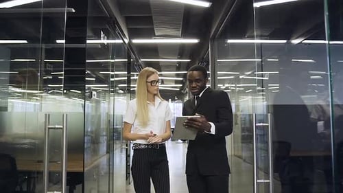 Business People Standing in Glass Office Hall and Discussing Aboult Business Project