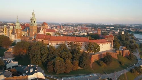 Aerial View of Royal Wawel Cathedral and Castle in Krakow, Poland, with Vistula River, Park, Yard