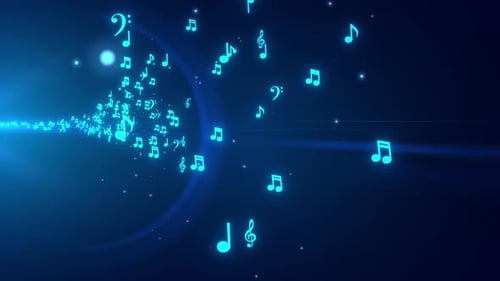 Glowing Neon Blue Musical Notes Flowing Background Loop