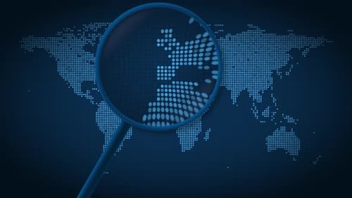 Digital World Map Magnifying Glass Locating City