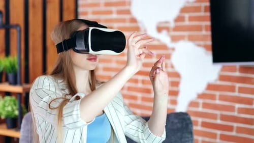 Beautiful Smiling Young Woman Enjoying Wearing Virtual Reality Helmet Medium Shot